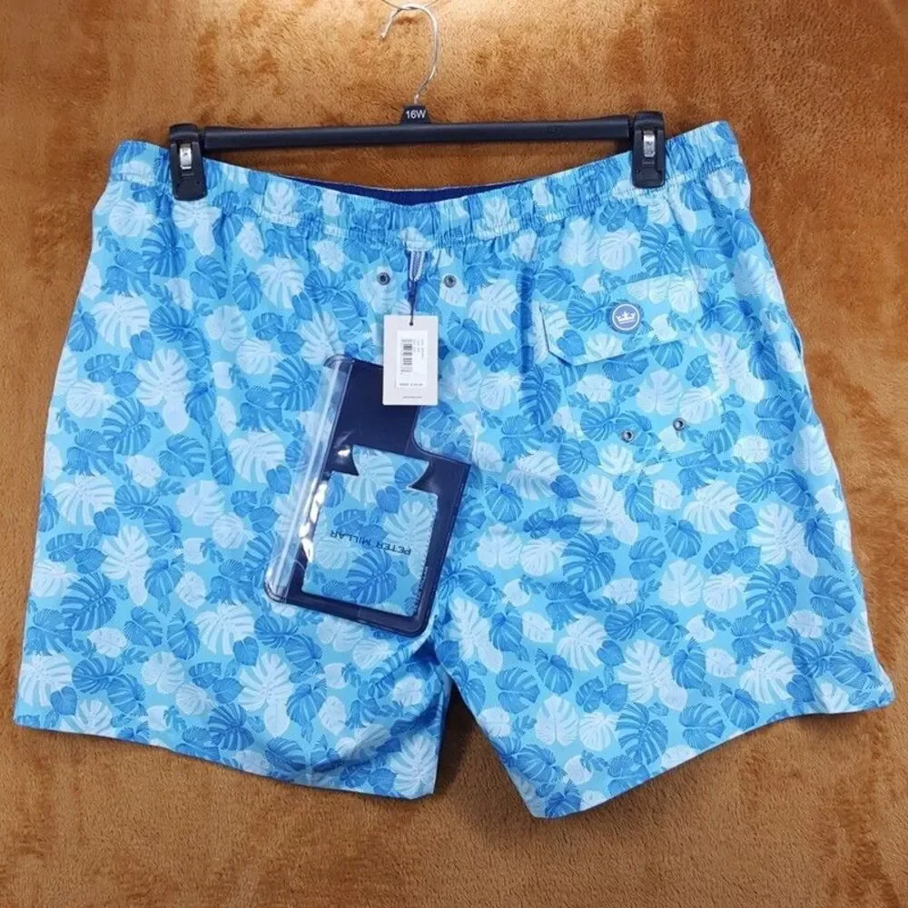 PETER MILLAR Swimwear Mens XXL Blue Floral Swim Trunks Pockets Linework Monstera